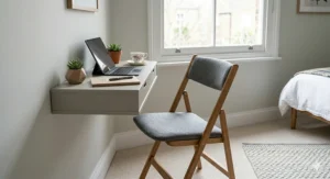 A compact, space-saving guest room desk chair tucked neatly under a slimline console table in a guest suite.