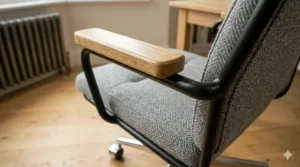 An upholstered swivel chair with lumbar support, positioned near a window in a bright, inviting living room setting.