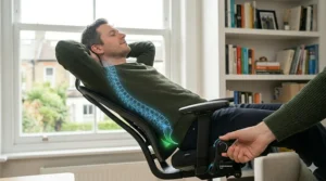 Close-up of the synchronous tilt recline mechanism on the ergonomic office chair, showing the lever operation for back support.