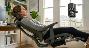 Reclining office chair with a padded headrest for comfort during long work hours.