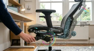 Demonstrating the smooth recline and tilt-lock function of an office chair with neck support.