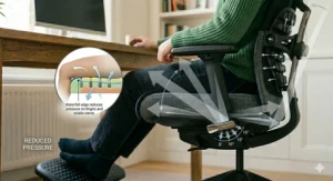 A visual demonstration of the chair's tilting mechanism, showing how it encourages active sitting and reduces pressure for sciatic nerve pain relief.