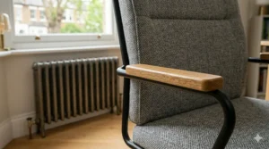 A luxurious velvet-finish office chair that doubles as a comfortable accent piece in a residential living area.