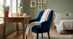 A luxury navy velvet guest room desk chair styled with a throw blanket in a guest bedroom setting.