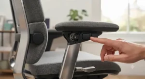 Close-up of 4D armrest adjustment mechanism showing height, width, depth, and pivot settings.