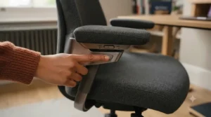 3D adjustable armrests on a compact office chair allowing proper shoulder alignment for petite individuals.