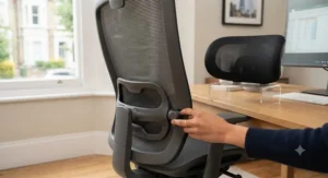Office chair showing adjustable lumbar support paired with a detachable headrest.