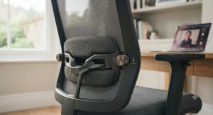 Rear view of the chair highlighting the adjustable lumbar support for long hours at a desk.