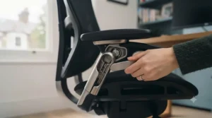 View of an office chair highlighting the adjustable 4D armrests and supportive headrest.
