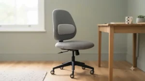 Compact grey fabric petite swivel office chair with adjustable height for small home workspaces.