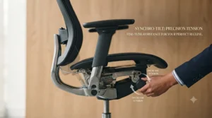 A user adjusting the tension control knob on an office chair to customise the synchro-tilt resistance for a personalised recline.