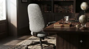 Minimalist cream boucle armless petite computer chair ideal for tight study corners.