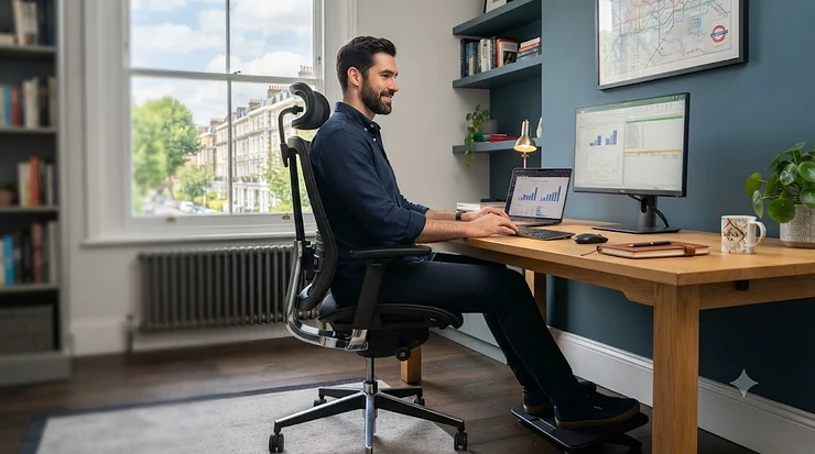 Ergonomic office chair designed for tall people in a modern UK home office setup. office chairs for tall people