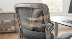 Detailed view of a breathable mesh backrest on an office chair designed for UK office environments.