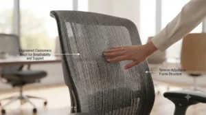 Close-up of a breathable mesh backrest on a tall desk chair for comfortable all-day working.