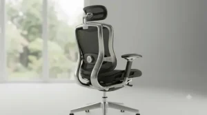 An exploded-view diagram of the ergonomic office chair, displaying all components including the headrest, backrest, seat, mechanism, gas lift, base, and castors arranged in an assembly sequence.