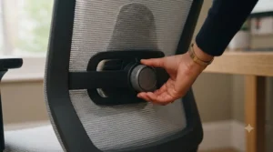 Close-up of the height-adjustable lumbar support mechanism on a modern office chair.