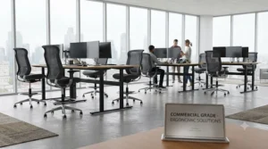 Multiple extra tall desk chairs arranged in a modern corporate office with high-level collaborative tables.