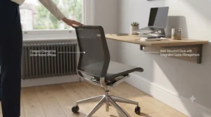 Sleek, minimalist tall desk chair tucked neatly under a compact home office desk in a London flat.