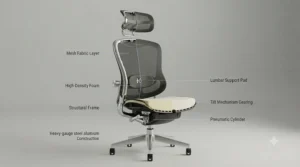 A detailed illustration of the office chair's 4D adjustable armrest, showing the soft padding and indicating the directions of movement including height, depth, width, and angle.
