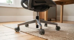 Sturdy office chair base and castors shown beneath a chair with a removable headrest.