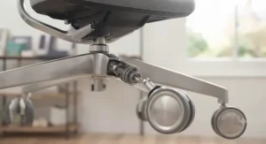 Durable five-star base and smooth-gliding castors on a modern office chair with 4D armrests.