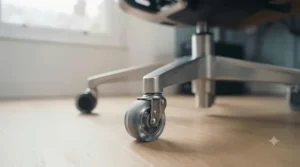 View of the stable five-star base and smooth-gliding castors on an adjustable headrest chair.