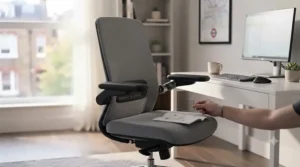 A comfortable office chair with flip-up armrests, demonstrating simple assembly and setup.
