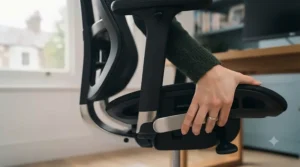 Demonstrating the reclining tilt mechanism on an office chair with a cushioned headrest.