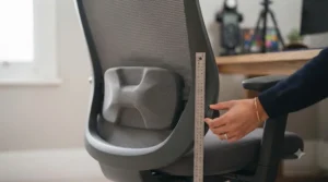 Close-up of adjustable lumbar support on a compact office chair for short stature.