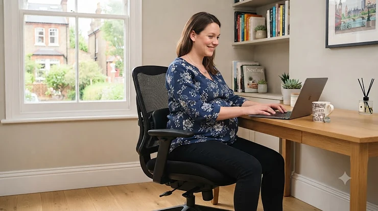 An ergonomic office chair designed for pregnancy, featuring adjustable lumbar support and seat depth to provide comfort for expectant mothers working in a UK office. office chair for pregnancy
