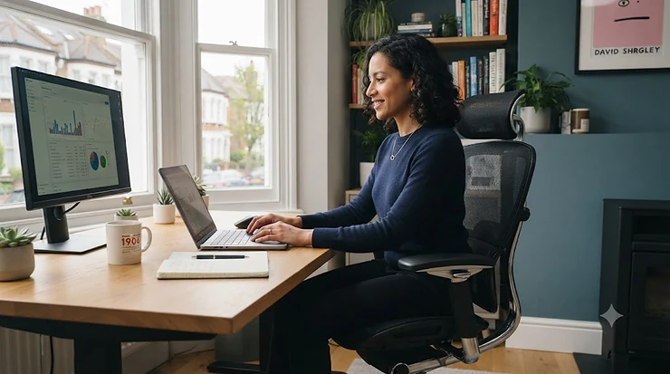 A professional woman working at a desk in a daylight-filled home office, seated in a high-quality ergonomic office chair with a mesh back and polished aluminium frame. office chair with tilt lock