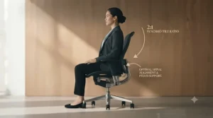 A person maintaining an ideal ergonomic posture whilst using the synchro-tilt feature for better spinal alignment and pelvic support.