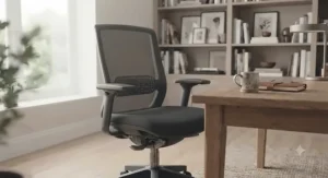 A high-quality office chair with a sliding seat positioned at a wooden desk to demonstrate an ergonomic home office workstation.