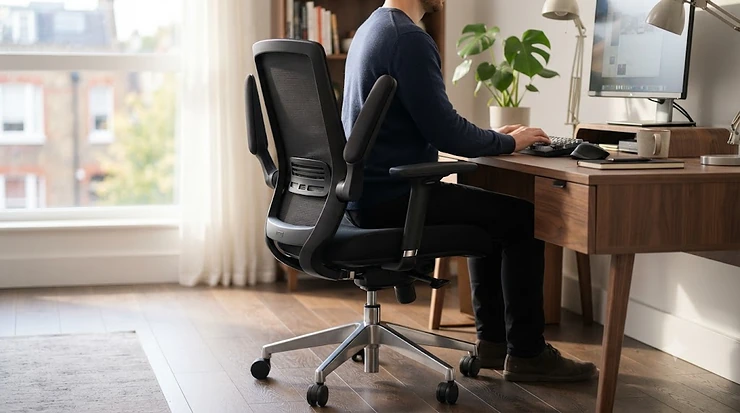 Black ergonomic office chair featuring adjustable flip-up armrests, designed for flexible workspace comfort. office chair with flip-up armrests