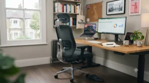 Complete workspace setup featuring an office chair for over 6ft users paired with a desk in a UK home office.