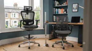 Side-by-side comparison of an extra tall drafting chair with a footring versus a standard office chair.