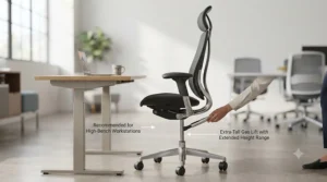 Side view of an extra-tall office chair showing maximum height extension beside a standing desk converter.