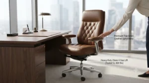 Executive leather tall office chair designed for heavier users, positioned in a spacious corporate office.