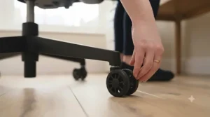 Close-up of adjustable armrests on an office chair, helping to reduce shoulder strain while typing during pregnancy.