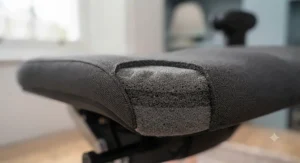 Gas-lift height adjustment feature on a premium office chair with lumbar support for desk alignment.