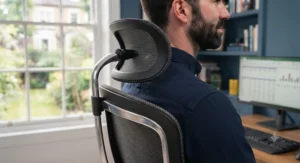Tall office chair featuring a high mesh backrest and integrated headrest for neck support.