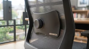 Close view of high-quality cushioning and dynamic lumbar support on a premium office chair.