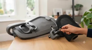 A stylish home office setup featuring a comfortable chair with a removable headrest.