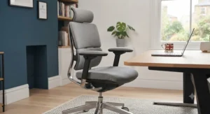 A stylish home office setup featuring a comfortable desk chair with 4D armrests.