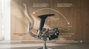 A technical cross-section diagram explaining the internal precision engineering of how the seat and backrest recline in a 2:1 harmonious ratio.
