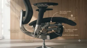 A detailed view of the lever used to lock the synchro-tilt mechanism in various reclining angles, ensuring a secure and stable position.