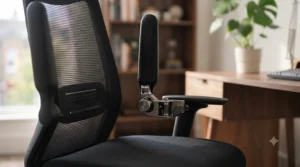 Close-up view of the smooth flip-up mechanism on a home office chair armrest.