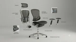A three-quarter front view of the ergonomic office chair, showcasing the quality and texture of the black breathable mesh fabric on the seat and backrest.