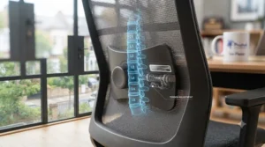 Modern home office setup featuring an ergonomic chair with dynamic lumbar support.